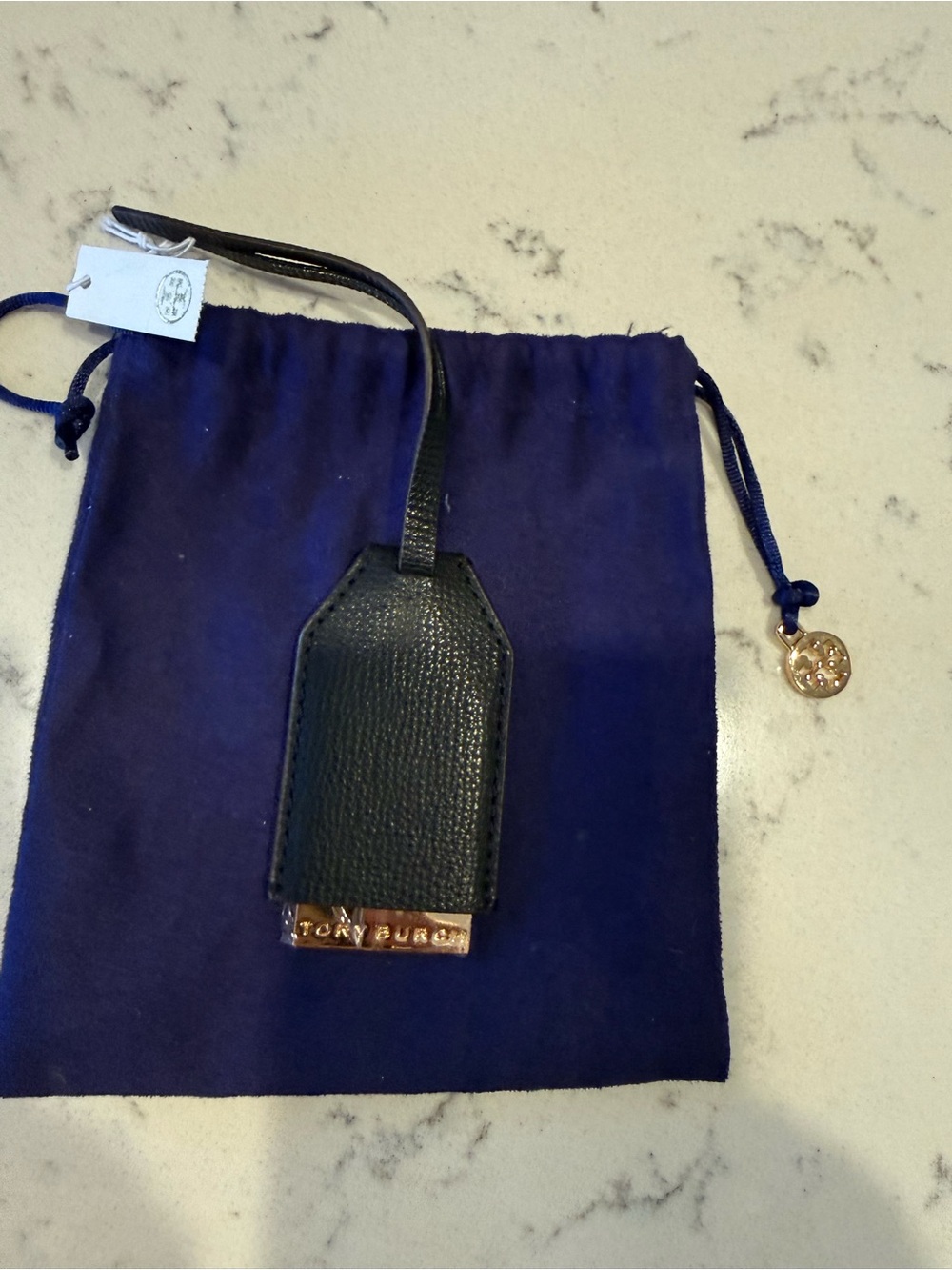 Tory Burch Black Pebbled Leather Tag with Gold-Tone Logo Plate